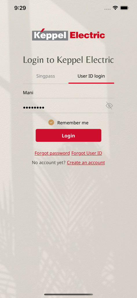 Keppel Electric - Login screen of the Keppel Electric mobile app featuring Singpass and User ID login options