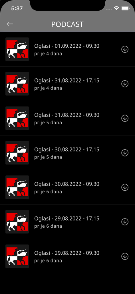 Radio Banovina - A list of podcast episodes in the Radio Banovina mobile app showing regional announcements with download options.