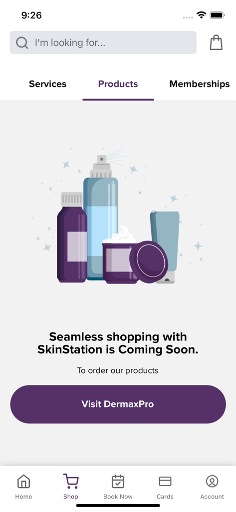 SkinStation - Sección de productos de la aplicación móvil SkinStation que muestra un mensaje de 'próximamente' para compras en línea.