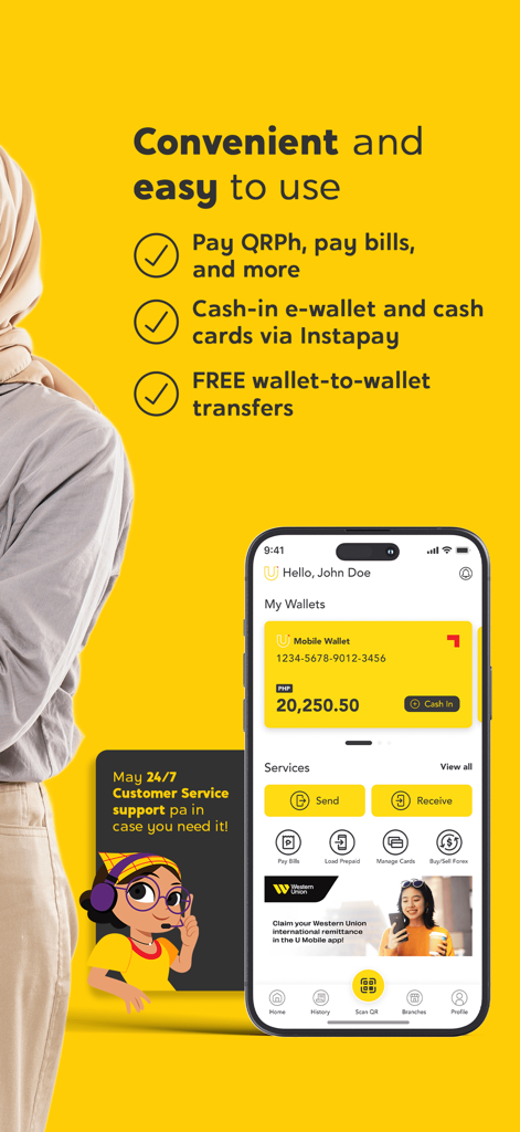 デジタルウォレットの残高と在フィリピン人向けの送金サービスを示すU Mobileアプリのインターフェース。