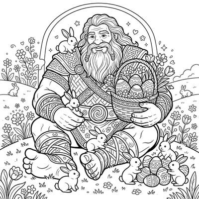 Dive into a truly unique Easter celebration with this captivating coloring page featuring a benevolent mythological giant. Surrounded by cheerful bunnies and beautifully decorated eggs, it's a delightful scene ready for your creative touch.
