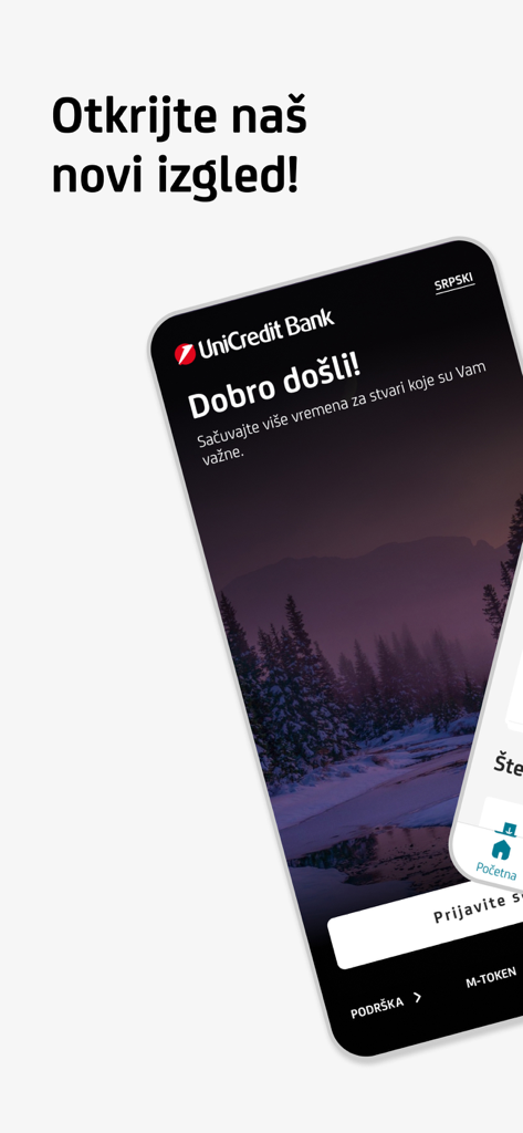 Ecrã de boas-vindas da aplicação móvel m-bank UniCredit com uma paisagem cénica de fundo e o texto Descubra o nosso novo visual