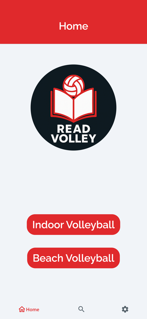 Read Volley - Home screen of the Read Volley app featuring selection buttons for Indoor Volleyball and Beach Volleyball rules