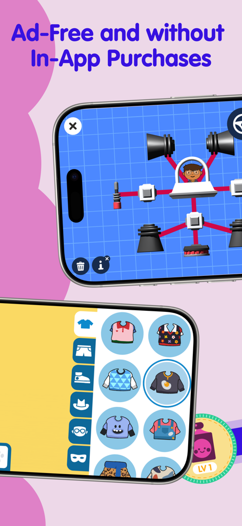 Fiete PlaySchool for kids 5+ - Fiete PlaySchool app interface showing creative building and character customization with ad-free messaging