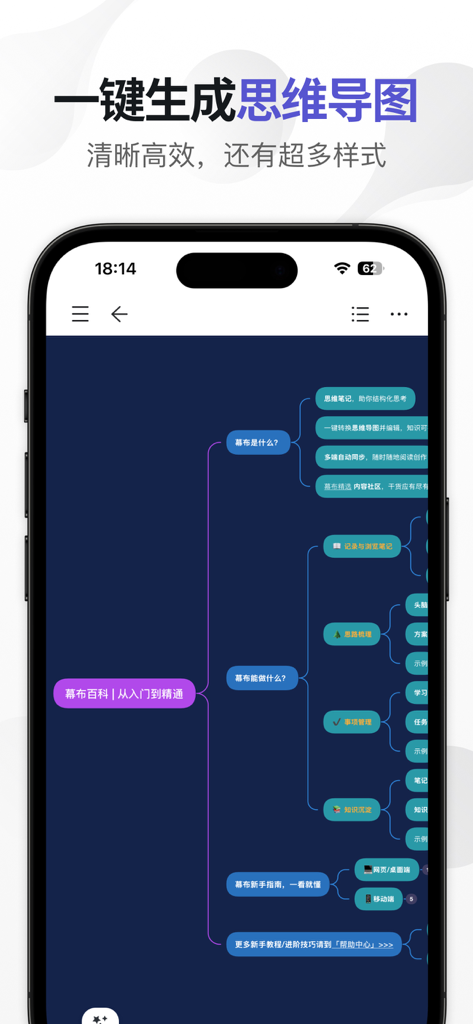 Interfaz de la aplicación Mubu que muestra un mapa mental jerárquico en un teléfono móvil