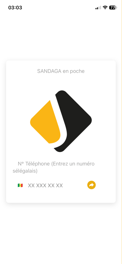 Jant Bi - Login screen of the Jant Bi app with a phone number input for Senegal and the slogan Sandaga en poche