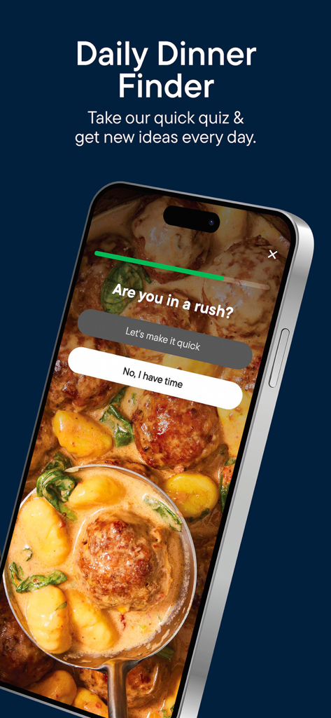 Delish: Original Fun Recipes - Das Quiz „Daily Dinner Finder“ in der mobilen Benutzeroberfläche der Delish-App
