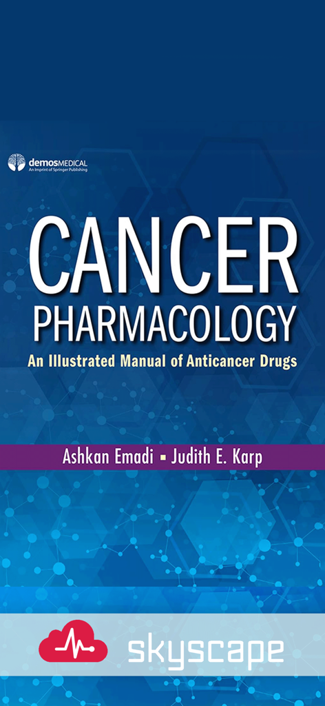 Cancer Pharmacology Manual - Pantalla de inicio de la aplicación Manual de Farmacología Oncológica mostrando el título y los autores Ashkan Emadi y Judith E. Karp