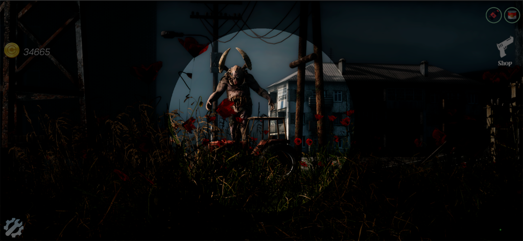 Chernobyl Legacy: Mutant Agent - 어두운 붉은 꽃밭의 스포트라이트 안에 서 있는 크고 뿔 달린 돌연변이 괴물