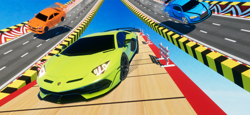 Nitro Cars Racing Games Pro - Drei bunte Sportwagen rasen und vollführen Stunts auf erhöhten Mega-Rampenstrecken.