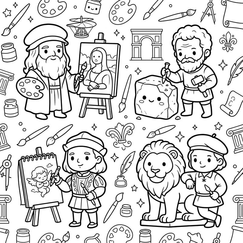 Bring history to life with this delightful collection of Kawaii Renaissance artists, ready for your creative touch. Discover charming renditions of legendary painters and sculptors, perfect for a relaxing and educational coloring experience.