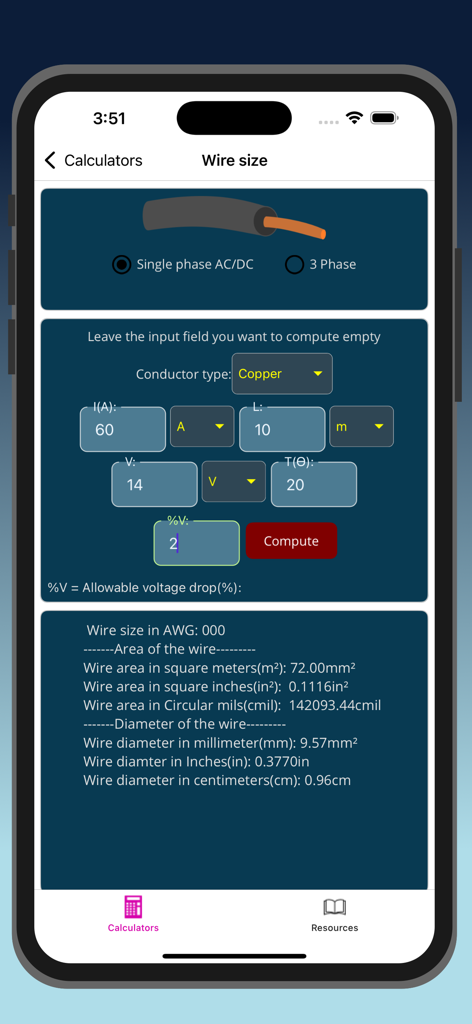 ElectricCalc Pro - Interfaz de una calculadora de tamaño de cable en la aplicación ElectricCalc Pro que muestra mediciones eléctricas y resultados AWG.