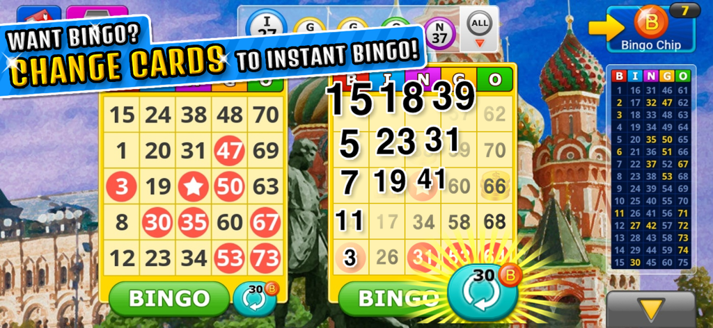 Bingo Craze! - Gameplay of Bingo Craze showing the option to change cards for an instant bingo