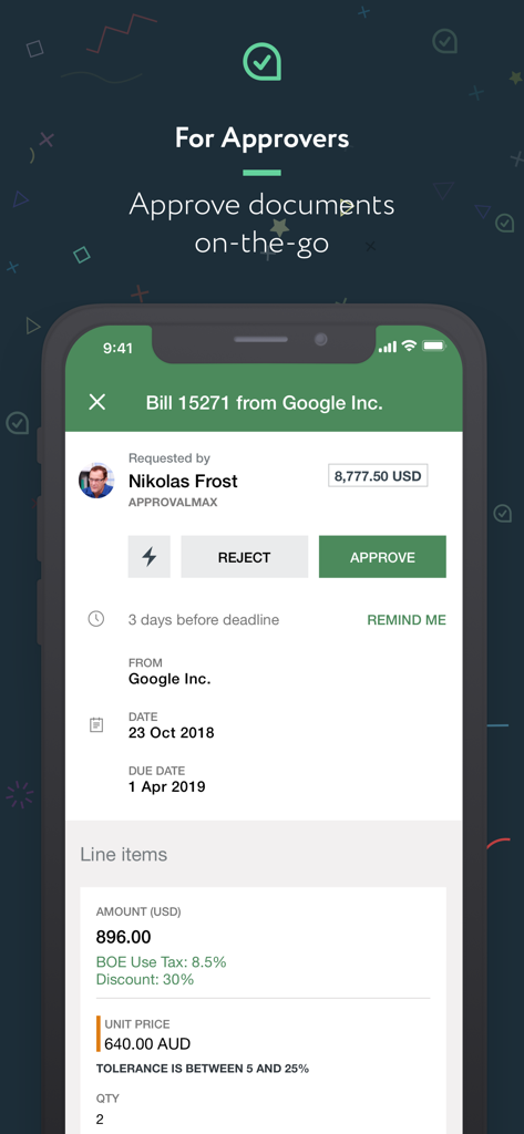 ApprovalMax - ApprovalMax mobile app interface showing a bill from Google Inc pending approval by a finance manager.