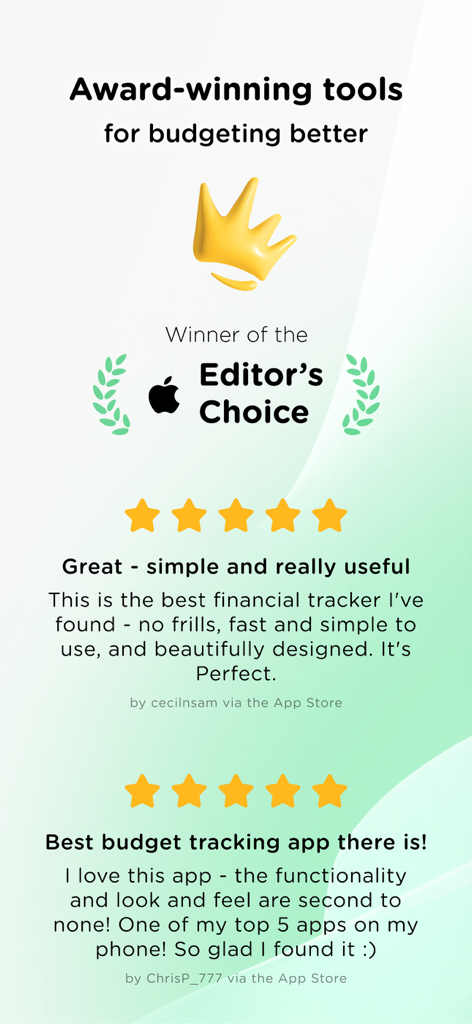 Marketing screen for Pennies app featuring the Apple Editors Choice award and five star user reviews