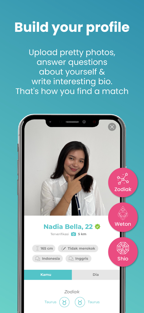 Kenalan.app - Interface of Kenalan.app showing a profile screen with cultural filters like Weton and Shio for the Indonesian diaspora.