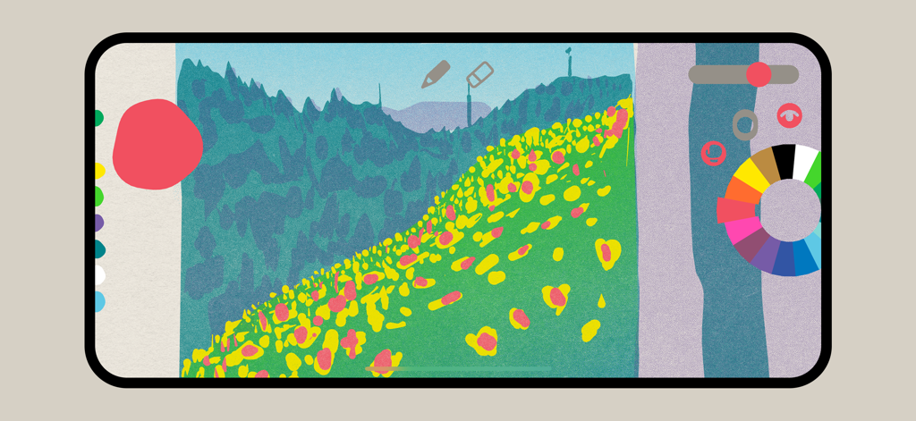 Graintouch app interface showing a grainy landscape drawing with a circular ink palette.