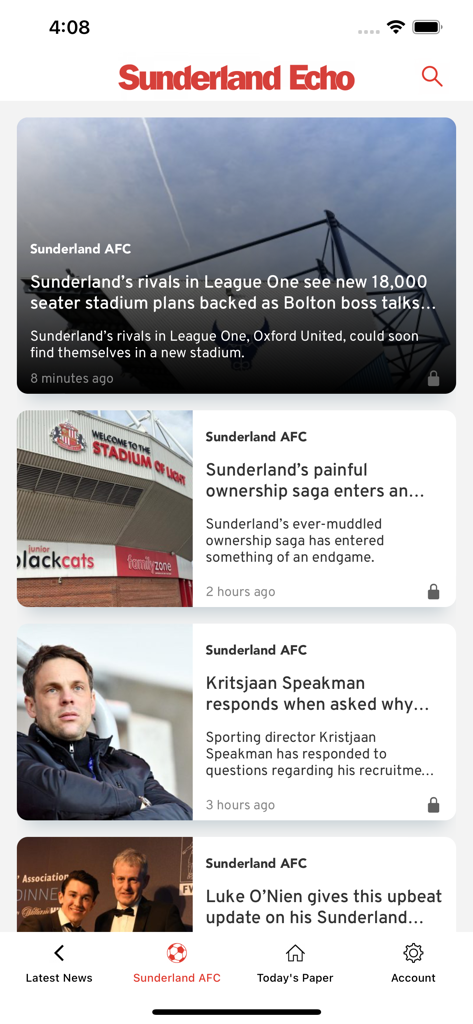 The Sunderland Echo Newspaper - Sunderland Echo app home screen featuring news articles and updates about Sunderland AFC football club