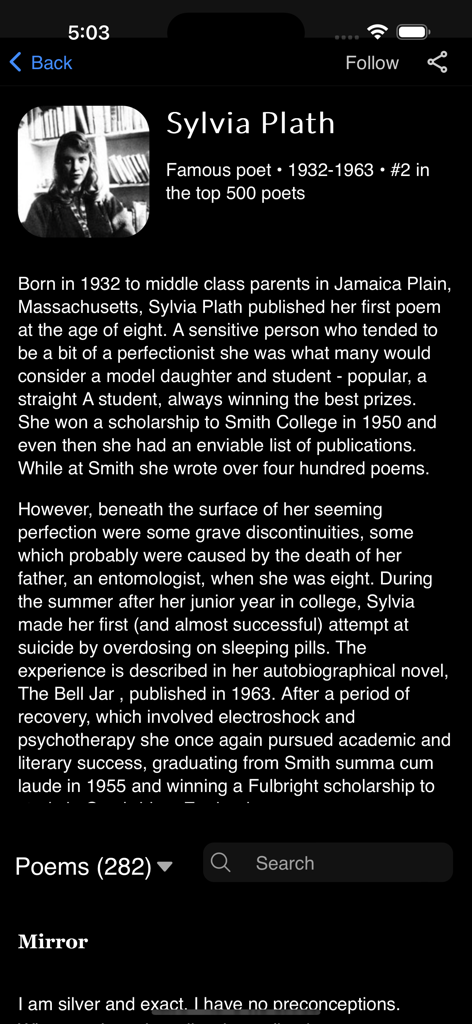 Allpoetry Poetry.app - Uma página de perfil da famosa poeta Sylvia Plath dentro do aplicativo Allpoetry apresentando sua biografia e uma lista de poemas.