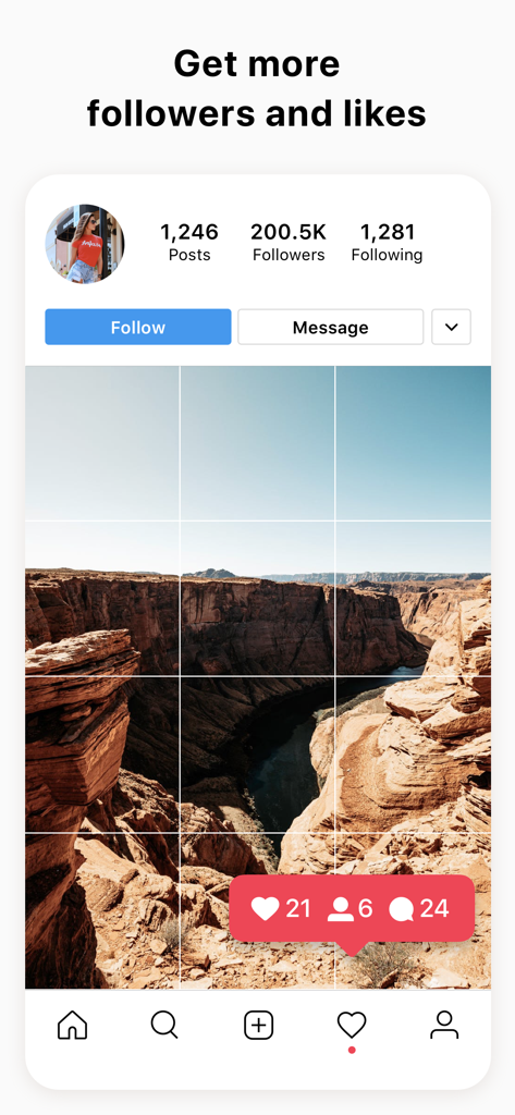 Pic Collage Post for Instagram - Mockup of an Instagram profile featuring a 3x3 grid collage of a canyon landscape to attract followers.