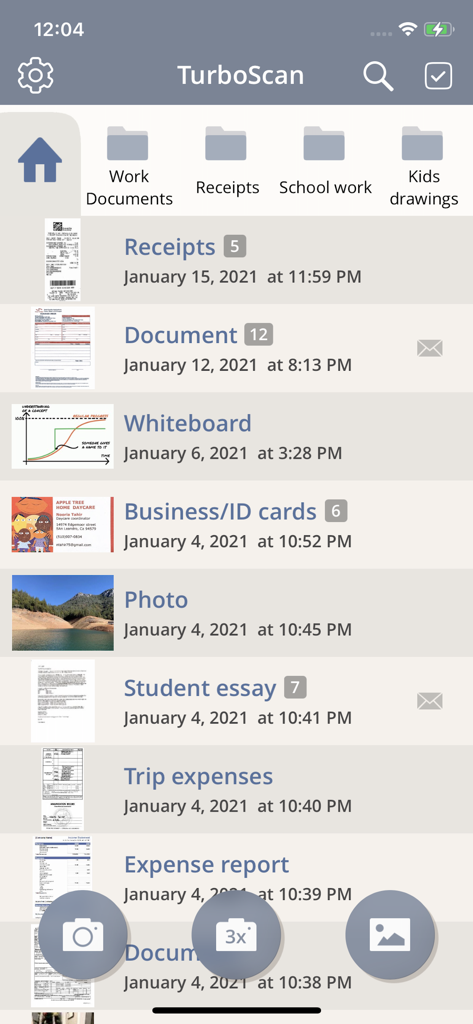 TurboScan™: document scanner - TurboScan app main screen showing a list of scanned documents organized by folders