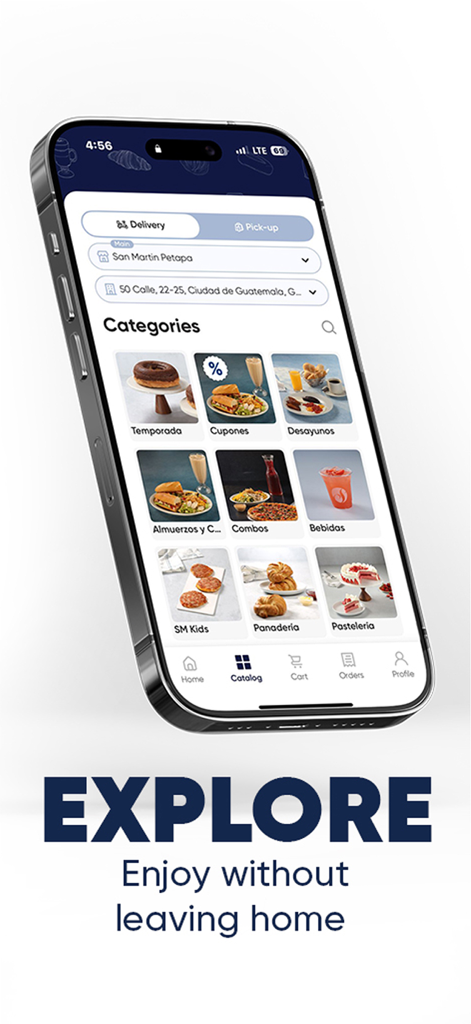 App móvil San Martín mostrando categorías de alimentos como panadería y desayuno a domicilio
