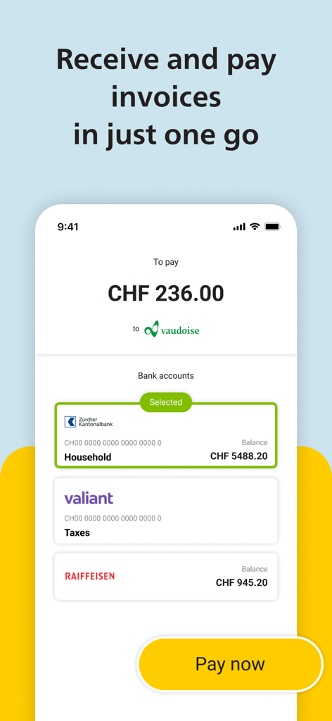 ePost App - Tela móvel do ePost App exibindo um fluxo de pagamento de fatura com seleção de conta bancária e um botão de pagar agora.