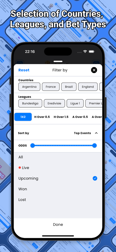 Erweiterter Such- und Filterbildschirm in der KI-Wett-Tipps App, der Optionen für Fußballländer, Ligen und Quoten anzeigt