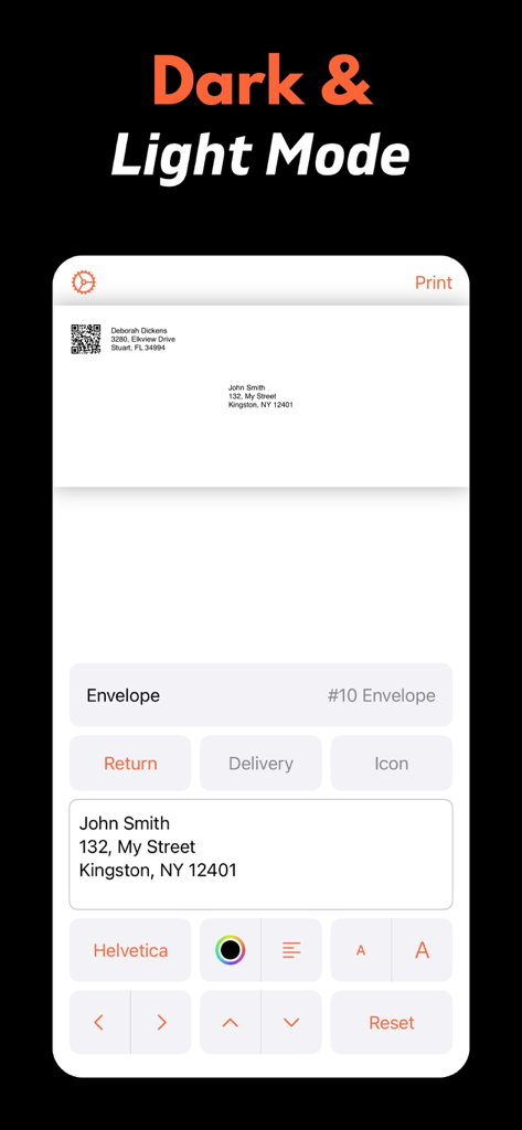 Envelope Printer: Label Maker - Envelope Printer app interface showing address customization options with font and color settings on an iPhone