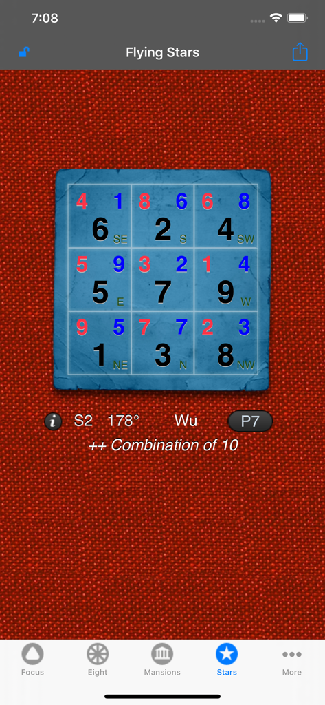 Feng Shui Life Compass - Ein mobiler Bildschirm, der die Flying Stars Xuan Kong-Tabelle der Feng Shui Lebenskompass-App zeigt