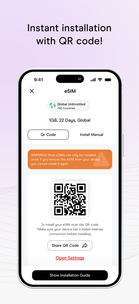 sim365 - An iPhone screen displaying a QR code for instant eSIM activation with sim365 app