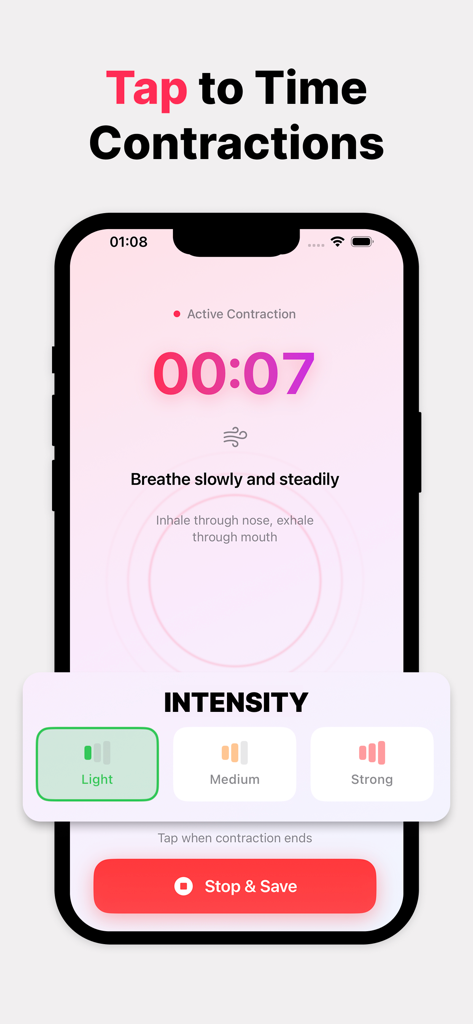A smartphone screen showing a contraction timer in progress with breathing instructions and buttons to select labor intensity levels