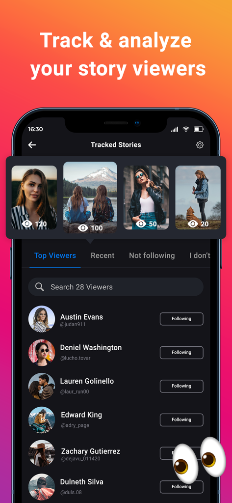 Follower Tracker : Followers - 인스타그램 스토리 뷰어 및 최고 프로필 뷰어 목록에 대한 추적 및 분석을 표시하는 모바일 앱 인터페이스
