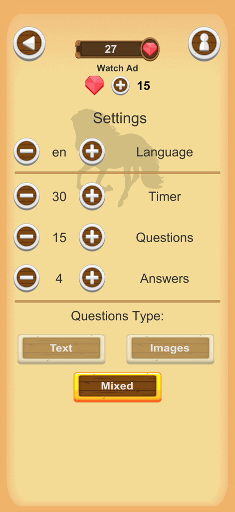 Horse Quiz - Settings screen of the Horse Quiz app showing customizable game rules like timer and question type.
