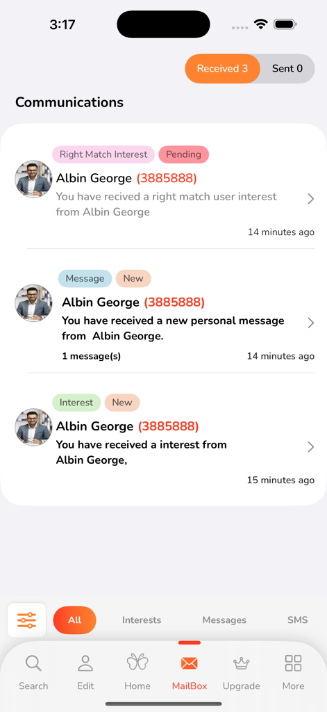 M4marry app mailbox screen displaying received interests and messages from a potential match.