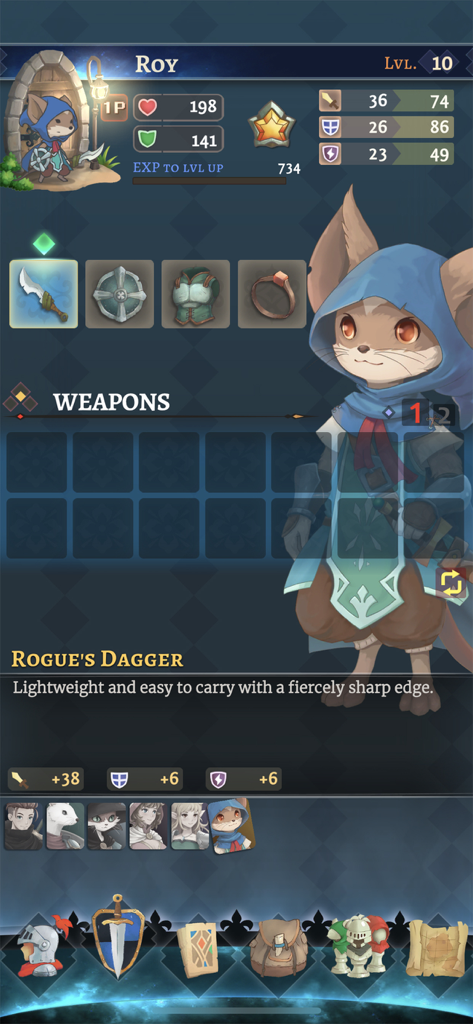 Character inventory screen for Roy in Hero Emblems II showing equipment and stats