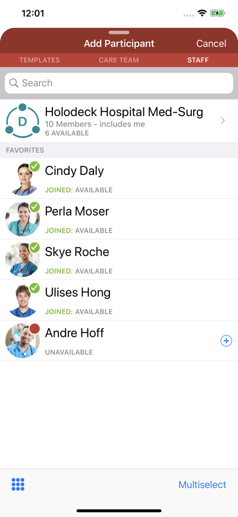 Vocera Vina app interface showing the add participant screen with a list of staff members and their availability status