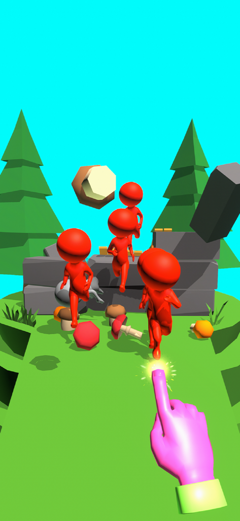 A pink magic finger pointing at red enemy characters in a 3D action game environment
