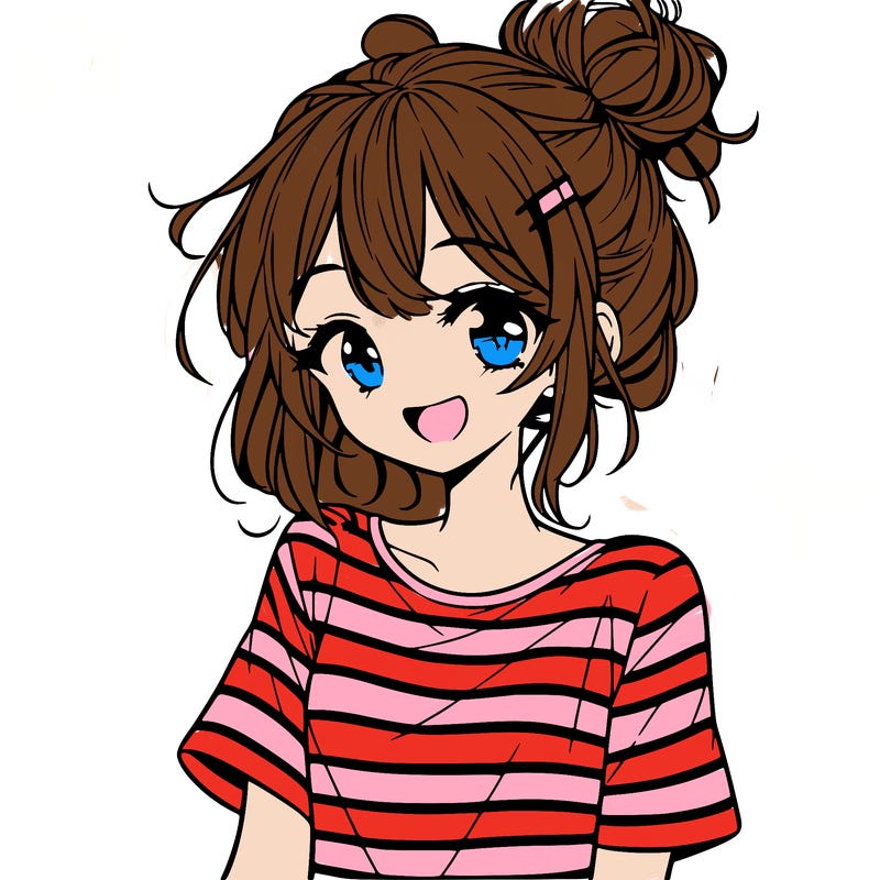 anime girl teenager striped shirt and smile and messy bun