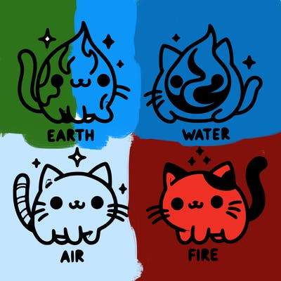 4 cats that represent the different elements, earth, water, air, and fire