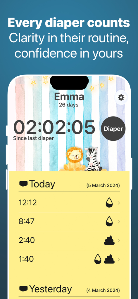 Baby Tracker & Easy Log: Grow - Smartphone screen displaying a baby's diaper change log with timer and daily history.