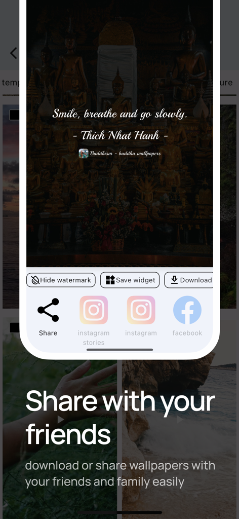 Eine mobile App-Oberfläche, die ein Buddha-Hintergrundbild mit einem inspirierenden Zitat und Optionen zum Teilen in sozialen Medien anzeigt