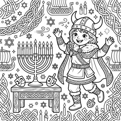 Embark on a unique coloring journey with our delightful Viking child celebrating Hanukkah. This enchanting page combines ancient Norse patterns with traditional Jewish symbols for a festive and imaginative experience.