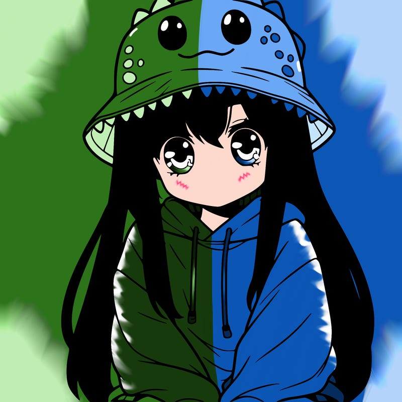 girl with anime shaped eyes with a dinosaur bucket hat oversized sweatshirt long straight hair