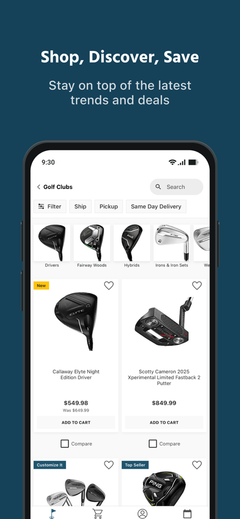 Golf Galaxy: Gear and Services - Golf Galaxy app interface displaying a selection of premium golf clubs and putters for purchase
