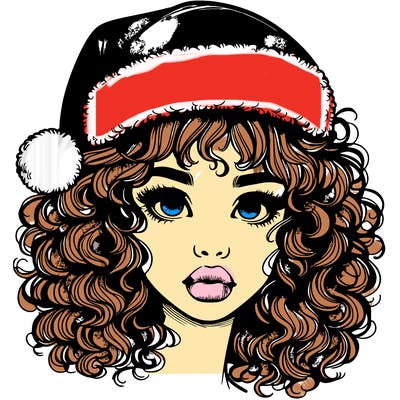realistic girl with a santa hat curly hair and lips