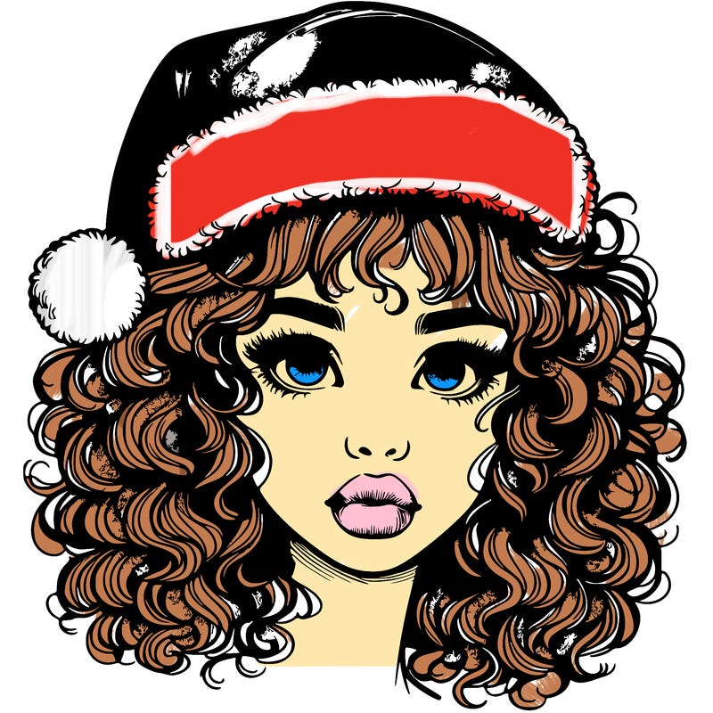 realistic girl with a santa hat curly hair and lips