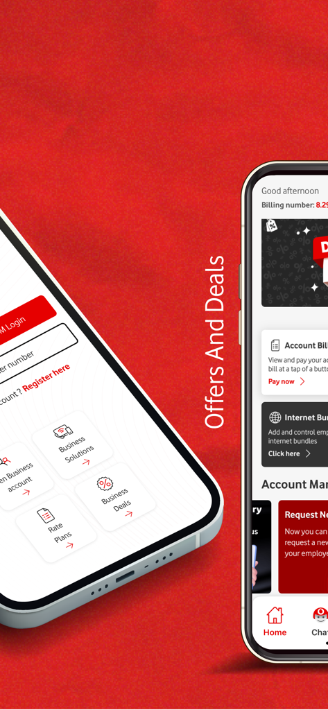 Two mobile phone screens displaying the Vodafone Business app with business deals and account management features on a red background