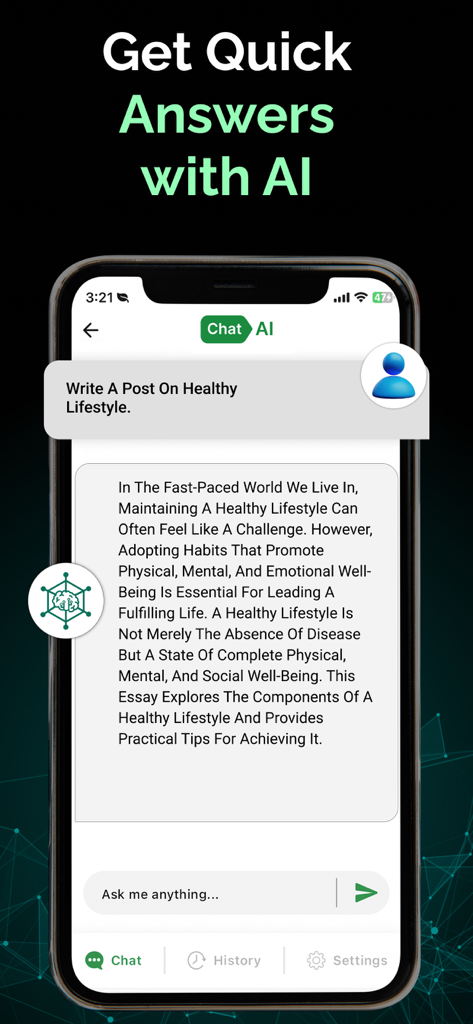AI Chat: Smart AI Assistant - AI Chat Smart Assistant interface generating a post about healthy lifestyle