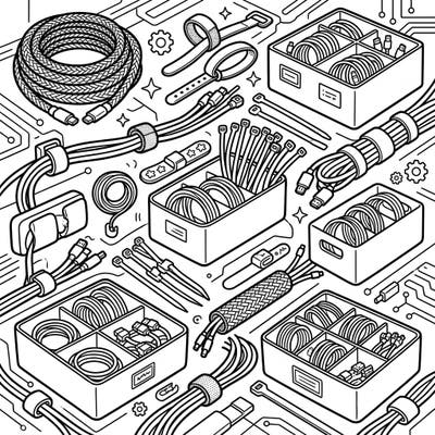 Bring order to the chaos with this engaging coloring page dedicated to cable management solutions. Explore a variety of sleeves, ties, and storage boxes, all ready for your creative touch.